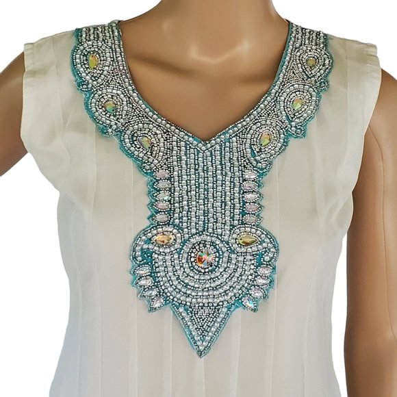 White Beaded A Line Sun Dress Women's XS Sleeveless Teal Trim Lined Netted - Picture 6 of 12